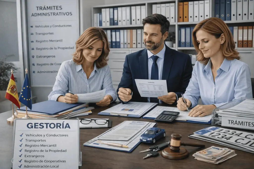Asesor comercial sonriente ayudando a un propietario de negocio con documentos en una oficina moderna y luminosa en Ibiza