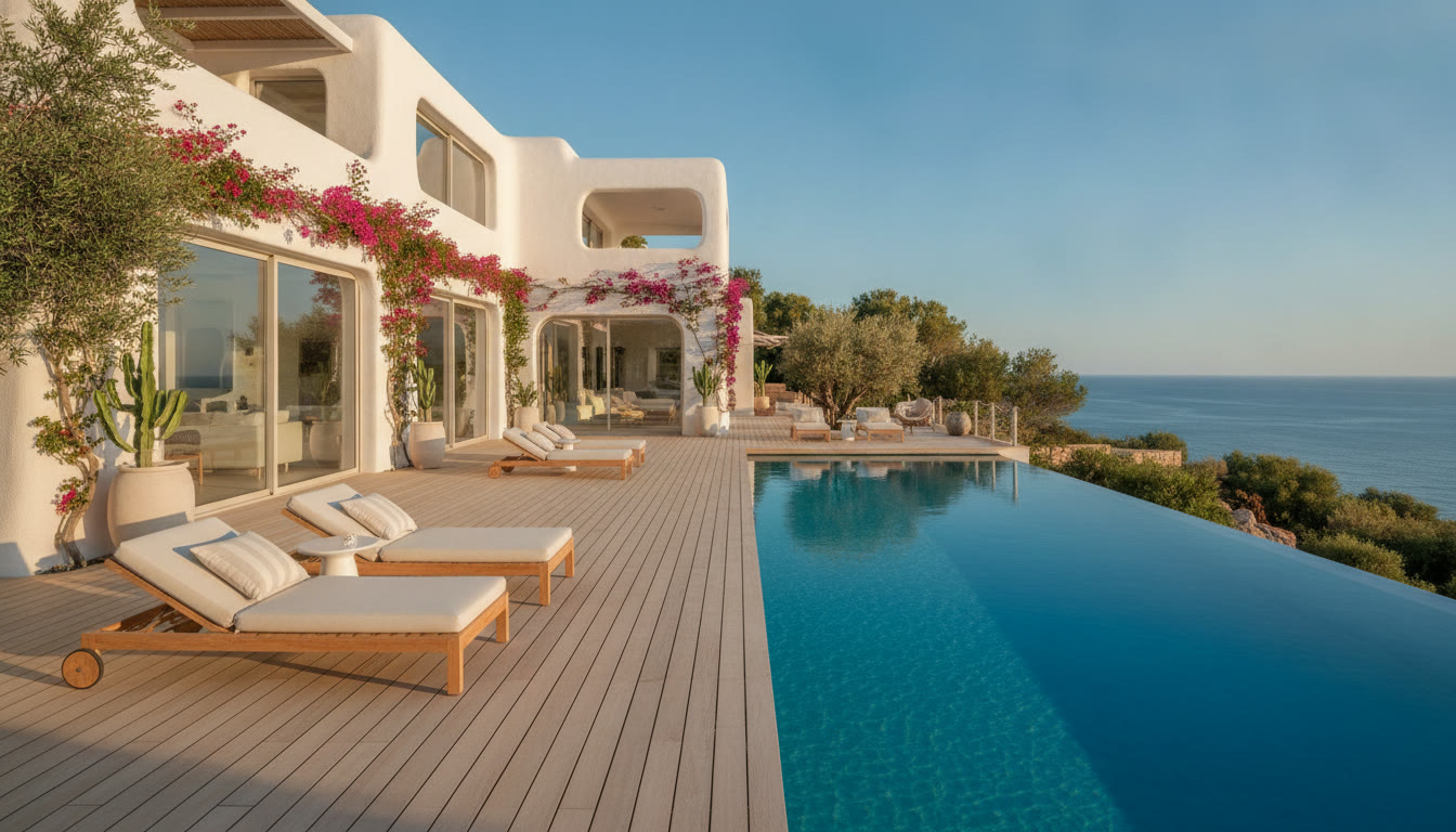 Villa de alquiler vacacional con piscina infinita y vistas al mar en Ibiza