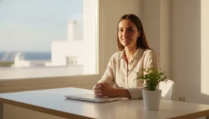 Joven autónoma trabajando con su portátil en una oficina luminosa de Ibiza, con arquitectura mediterránea y el mar al fondo