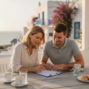 Responsable de un negocio de Ibiza y un trabajador de temporada revisando y firmando el contrato en una terraza