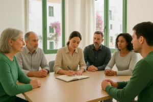 Reunión de una junta de propietarios en una comunidad de Ibiza, con el administrador tomando nota de los acuerdos en el libro de actas