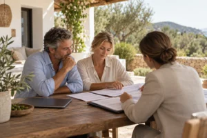 Propietarios no residentes revisando con su asesor la documentación fiscal de su casa en Ibiza